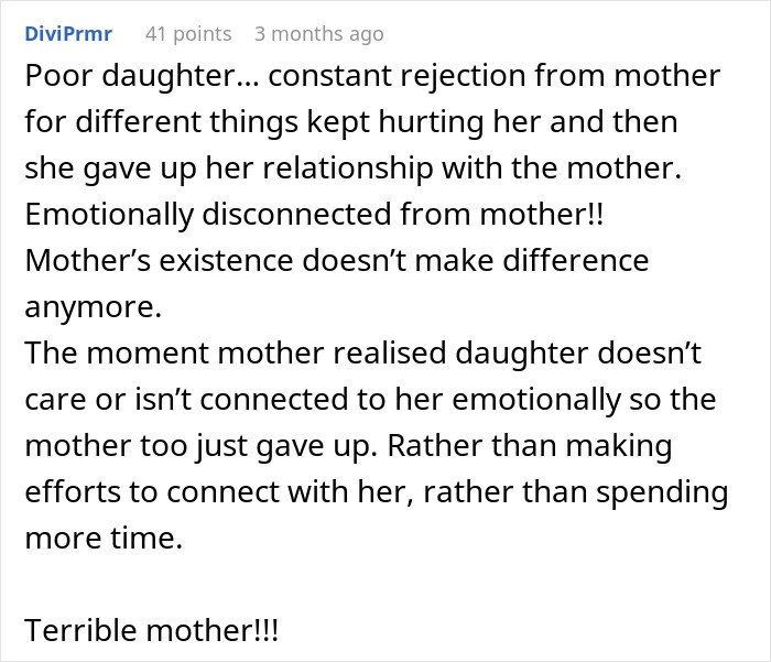 Comment discussing emotional disconnection between daughter and mother as wife prioritizes work over family. Comment discussing emotional disconnection between daughter and mother as wife prioritizes work over family.