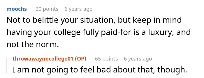 Conversation about college money challenges involving mom, dad, and the impact of family affairs on funding. Conversation about college money challenges involving mom, dad, and the impact of family affairs on funding.