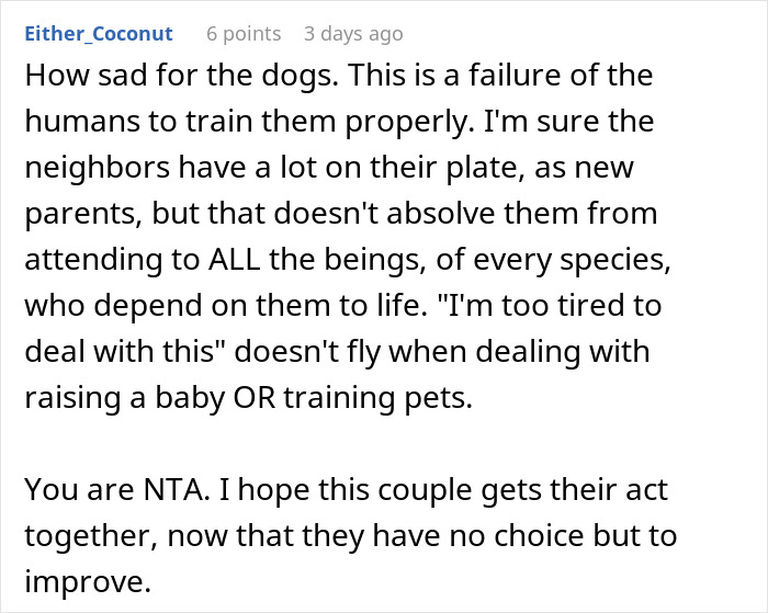 Comment about neighbors unable to keep their dogs quiet, highlighting frustration over noisy pets and training issues. Comment about neighbors unable to keep their dogs quiet, highlighting frustration over noisy pets and training issues.