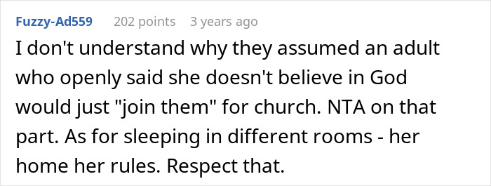 Comment discussing MIL making son's girlfriend sleep in a different room due to not praying or going to church.