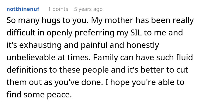 Alt text: Online comment about family struggles involving a woman, SIL, and emotional exhaustion from favoritism issues.