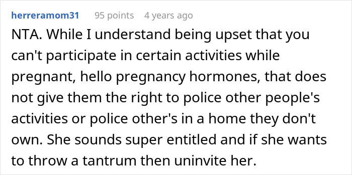 Comment from user discussing a MIL telling DIL the world doesn’t revolve around her pregnancy complaints and entitlement issues.