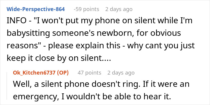 Text conversation about babysitting a newborn, where friend explains not putting phone on silent to hear emergency calls. Text conversation about babysitting a newborn, where friend explains not putting phone on silent to hear emergency calls.