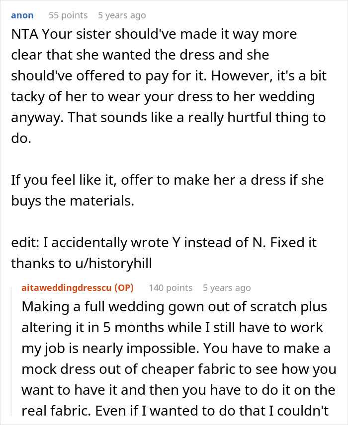 Reddit comments discussing a sister remaking a wedding dress instead of giving it to her, sharing opinions and challenges. Reddit comments discussing a sister remaking a wedding dress instead of giving it to her, sharing opinions and challenges.