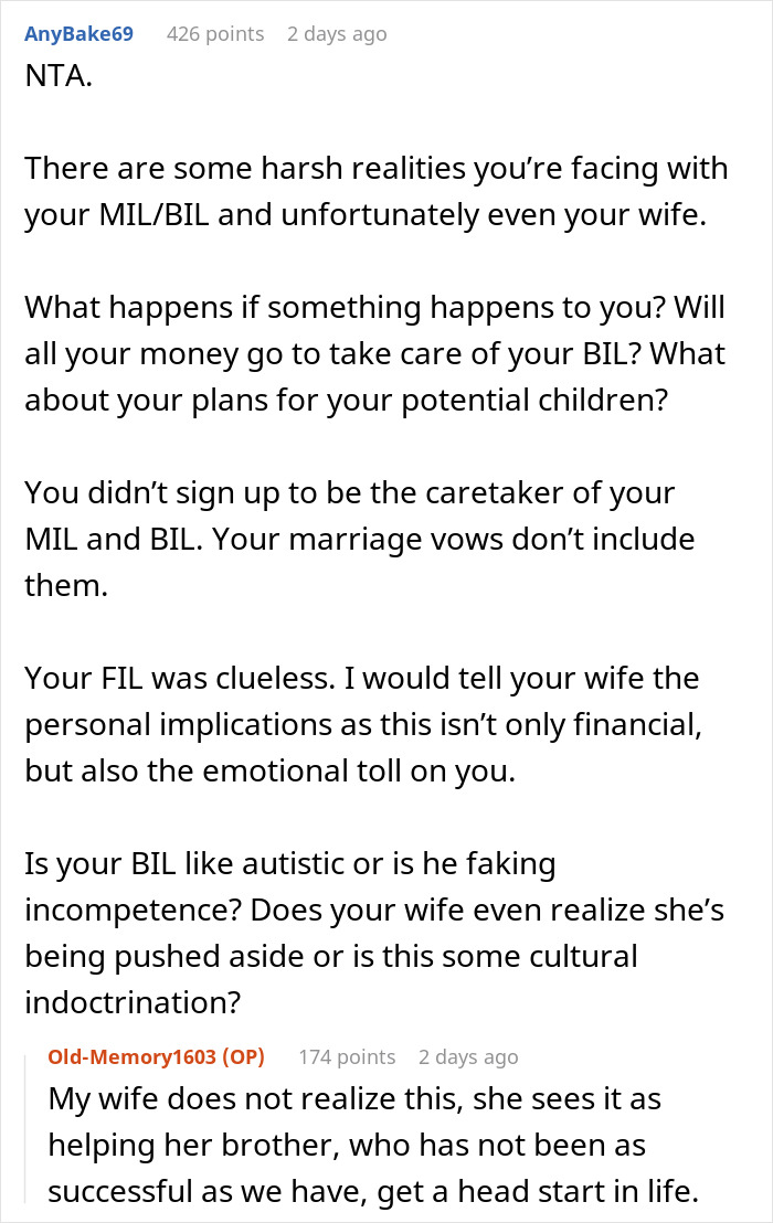 Screenshot of online discussion about a man supporting his in-laws and issues with a will dispute involving his wife and MIL. Screenshot of online discussion about a man supporting his in-laws and issues with a will dispute involving his wife and MIL.