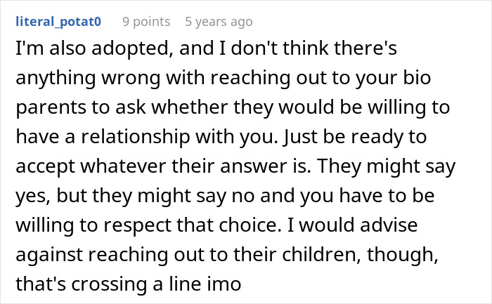 Screenshot of a user comment discussing reaching out to bio family and adoptive parents in adoption reunions. Screenshot of a user comment discussing reaching out to bio family and adoptive parents in adoption reunions.
