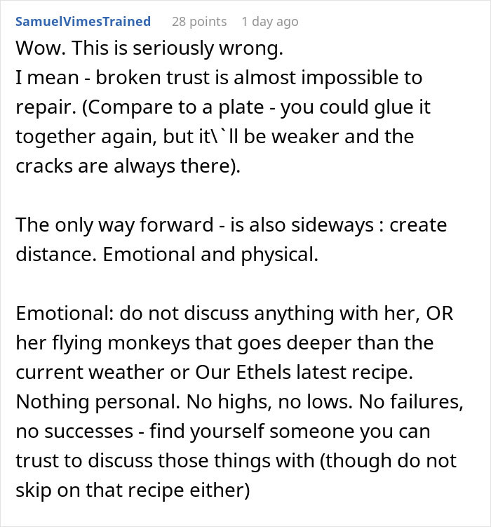 Comment discussing the emotional impact of broken trust and advice on creating emotional and physical distance.