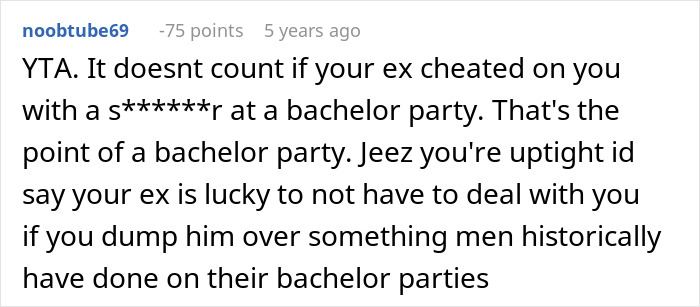 Screenshot of a comment discussing a bachelor party and cheating, related to sister can't believe woman remade wedding dress. Screenshot of a comment discussing a bachelor party and cheating, related to sister can't believe woman remade wedding dress.