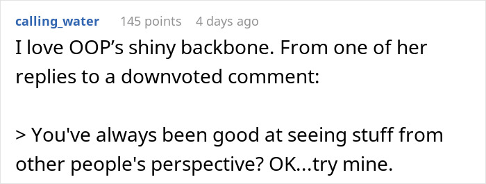 Comment text on a white background discussing someone's ability to see things from other people's perspectives. Comment text on a white background discussing someone's ability to see things from other people's perspectives.