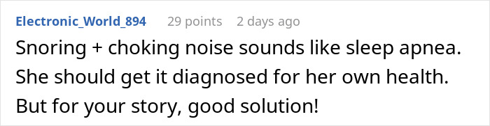 Comment about roommate snoring and sleep apnea diagnosis, highlighting woman’s struggle with snoring keeping her awake at night.