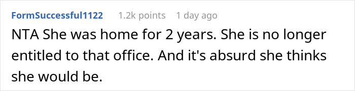 Text comment about a woman expecting her private office back after working from home for 2 years and facing a reality check. Text comment about a woman expecting her private office back after working from home for 2 years and facing a reality check.