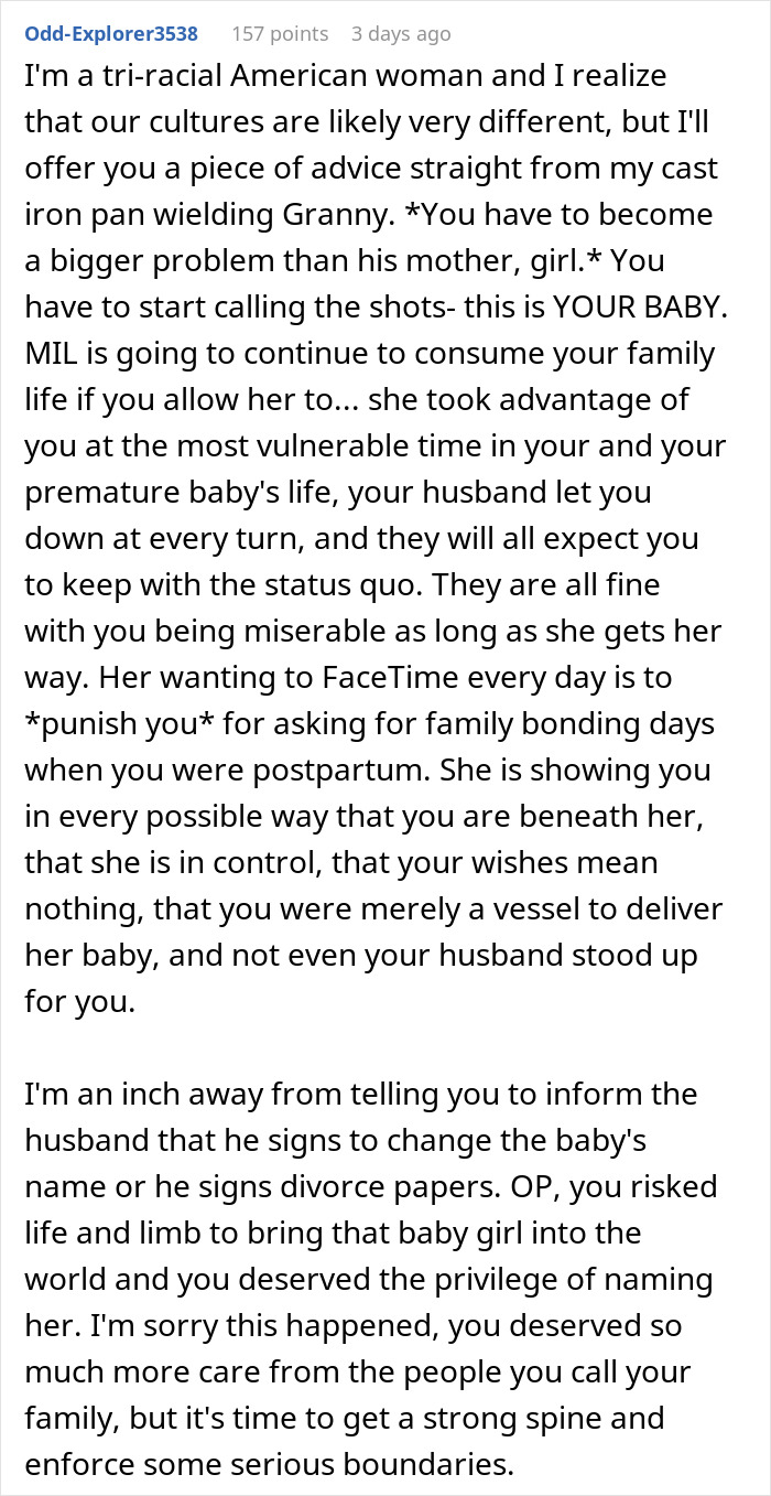 Text discussing MIL demanding baby’s name to honor her culture while new mom fights for her heritage and sets family boundaries