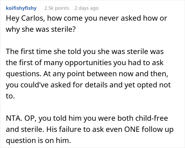 Text comment discussing a childfree couple in conflict after a prank reveals woman had a hysterectomy the fiancé didn’t know about.