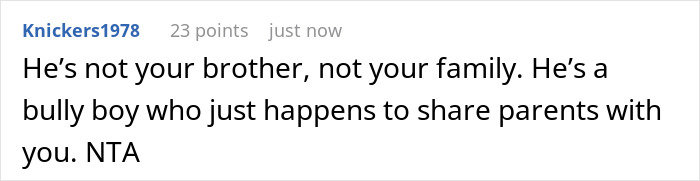 Comment text about a golden child brother demanding free meals and reacting angrily when denied by scapegoat sibling. Comment text about a golden child brother demanding free meals and reacting angrily when denied by scapegoat sibling.