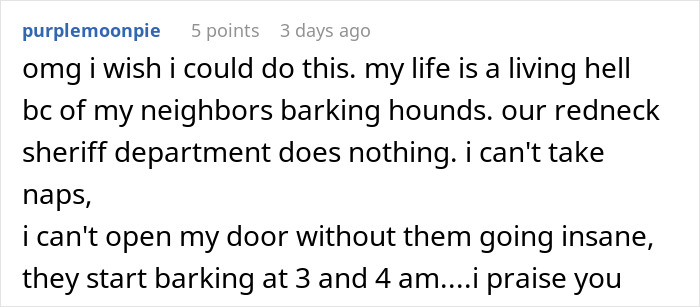 Alt text: Screenshot of a comment describing frustration with neighbors who can’t keep their dogs quiet, causing sleepless nights. Alt text: Screenshot of a comment describing frustration with neighbors who can’t keep their dogs quiet, causing sleepless nights.