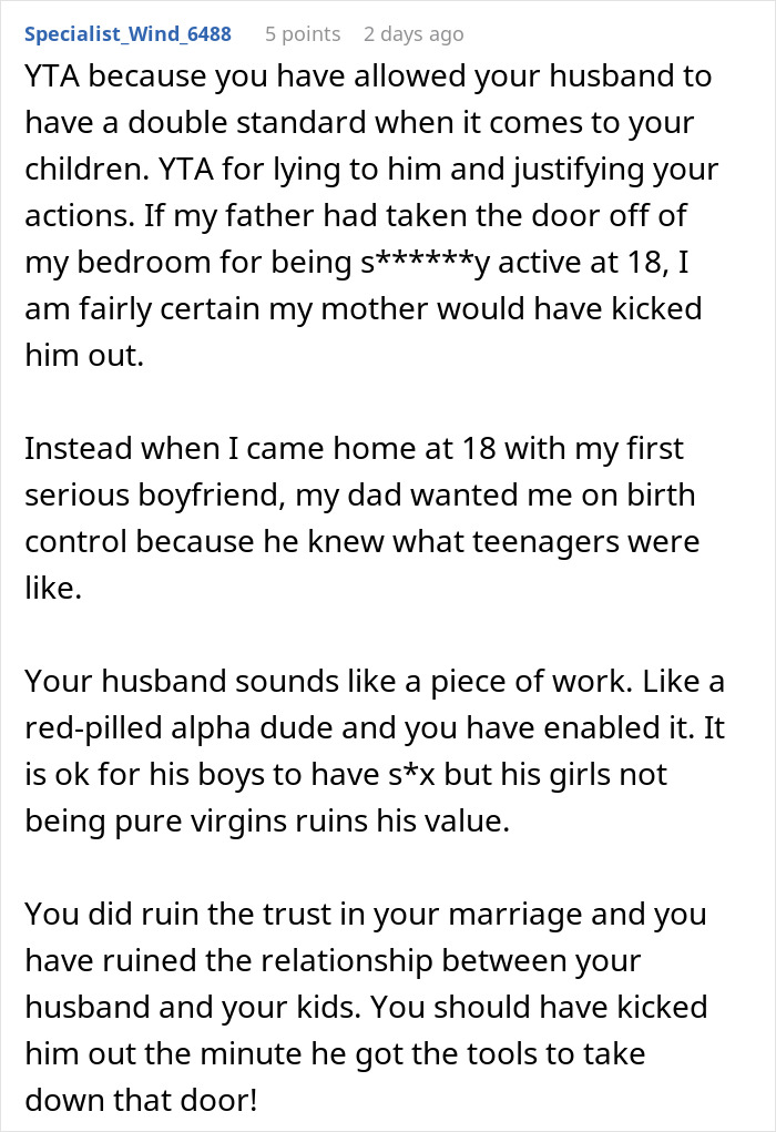 Comment criticizing a husband’s reaction to his teen daughter’s relationship and the wife’s role in hiding it.