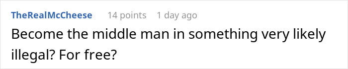 Screenshot of a Reddit comment questioning becoming a middleman for illegal package returns sent to the wrong address.