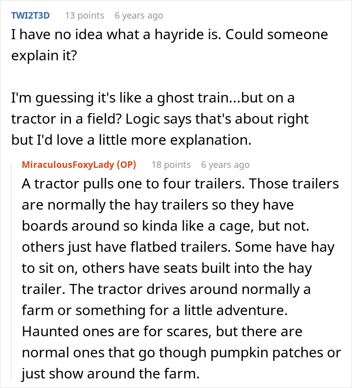 Text explaining what a haunted hayride is, describing trailers pulled by tractors for spooky rides or farm tours. Text explaining what a haunted hayride is, describing trailers pulled by tractors for spooky rides or farm tours.
