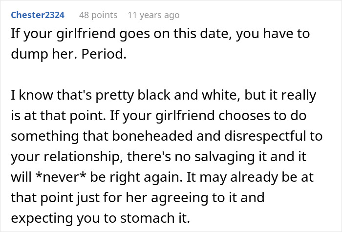 Comment discussing a breakup warning if a girlfriend goes on a date, highlighting relationship damage and respect issues.