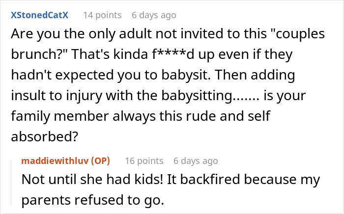 Screenshot of a Reddit conversation about a family trying to dump kids on their childfree cousin during vacation conflict. Screenshot of a Reddit conversation about a family trying to dump kids on their childfree cousin during vacation conflict.