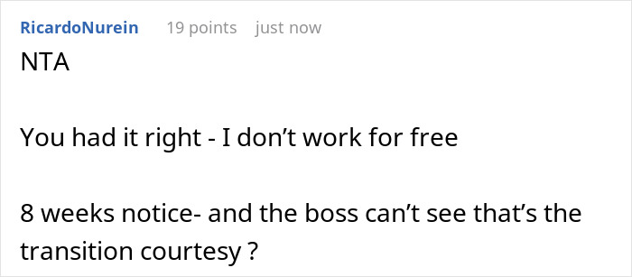 Comment on forum discussing employee refusing to train replacement without pay after being laid off and boss threatening reference. Comment on forum discussing employee refusing to train replacement without pay after being laid off and boss threatening reference.