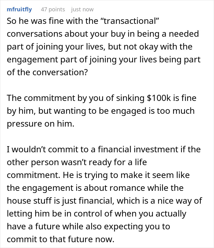 Reddit comment discussing GF not financing BF’s $100k renovation without a ring and claims of marriage as a transaction. Reddit comment discussing GF not financing BF’s $100k renovation without a ring and claims of marriage as a transaction.