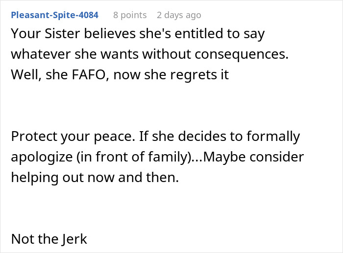 Comment advising to protect peace and consider helping when sibling who refuses newborn nephew care apologizes in family setting. Comment advising to protect peace and consider helping when sibling who refuses newborn nephew care apologizes in family setting.