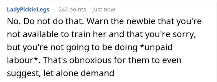 Screenshot of a Reddit comment refusing to train replacement without pay after layoff, highlighting worker rights concerns. Screenshot of a Reddit comment refusing to train replacement without pay after layoff, highlighting worker rights concerns.
