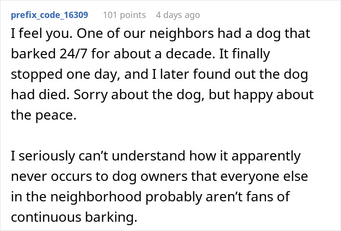 Comment discussing a woman going nuclear on neighbors with dogs that can't keep quiet, highlighting barking issues. Comment discussing a woman going nuclear on neighbors with dogs that can't keep quiet, highlighting barking issues.