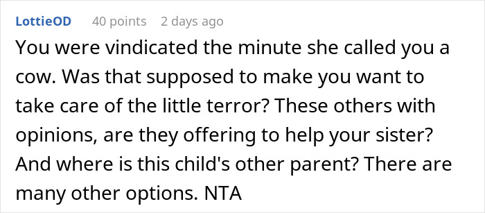 Comment discussing refusal to babysit badly behaved nephew and conflict between sisters during hospital stay. Comment discussing refusal to babysit badly behaved nephew and conflict between sisters during hospital stay.