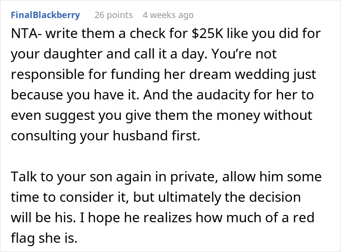 Reddit comment discussing a future daughter-in-law’s $80,000 wedding demand and wealthy in-laws requesting a prenup. Reddit comment discussing a future daughter-in-law’s $80,000 wedding demand and wealthy in-laws requesting a prenup.
