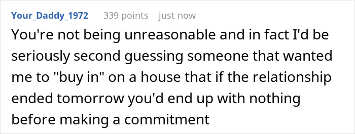 Screenshot of a user comment in a forum discussing financing a $100k renovation and relationship commitment concerns. Screenshot of a user comment in a forum discussing financing a $100k renovation and relationship commitment concerns.
