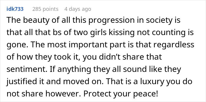 Comment discussing societal views on two women kissing and the impact on relationships and personal peace. Comment discussing societal views on two women kissing and the impact on relationships and personal peace.