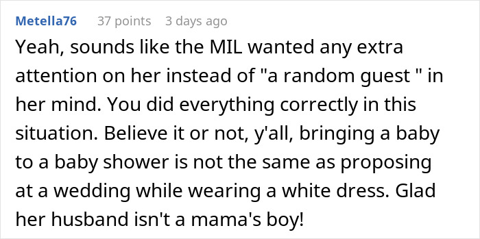 Comment about cousin's family accusing woman of stealing spotlight by bringing baby and wearing engagement ring at event. Comment about cousin's family accusing woman of stealing spotlight by bringing baby and wearing engagement ring at event.