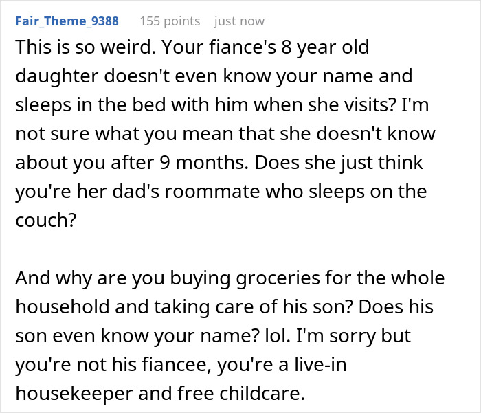 Alt text: Reddit comment discussing fiance babysit daughter, questioning family dynamics and roles within the household. Alt text: Reddit comment discussing fiance babysit daughter, questioning family dynamics and roles within the household.