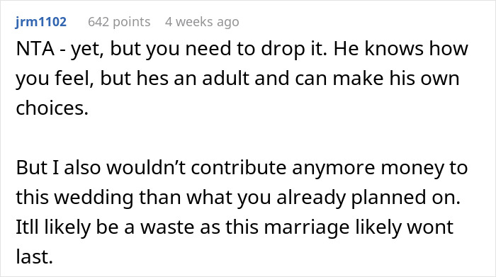 Screenshot of a Reddit comment discussing an $80,000 wedding demand and wealthy in-laws requesting a prenup. Screenshot of a Reddit comment discussing an $80,000 wedding demand and wealthy in-laws requesting a prenup.