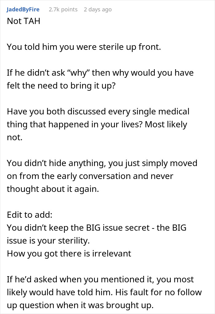 Social media post discussing childfree couple conflict after prank reveals woman's hysterectomy unknown to fiancé.