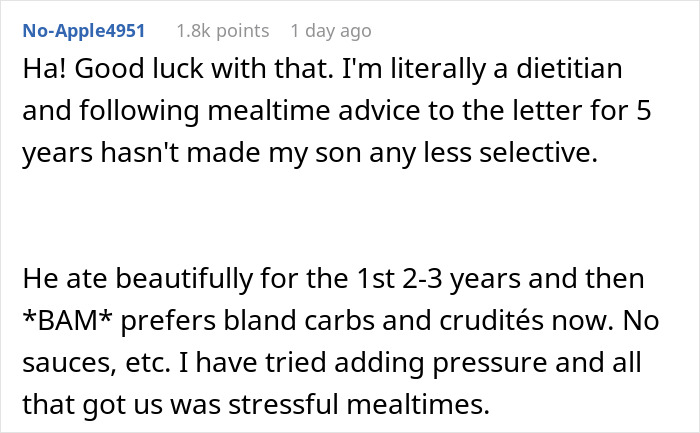 Comment from a dietitian about child’s selective eating habits preferring bland carbs like buttered noodles during stressful mealtimes. Comment from a dietitian about child’s selective eating habits preferring bland carbs like buttered noodles during stressful mealtimes.