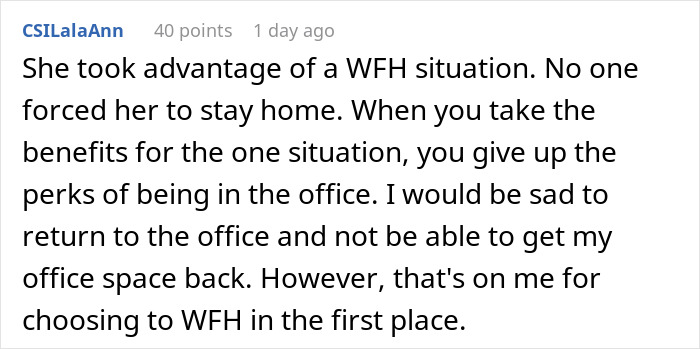 Comment discussing a woman expecting her private office back after working from home for 2 years and facing a reality check. Comment discussing a woman expecting her private office back after working from home for 2 years and facing a reality check.