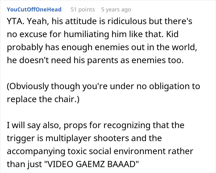 Reddit comment discussing teen breaking new chair and asking dad to replace it amid video game frustration. Reddit comment discussing teen breaking new chair and asking dad to replace it amid video game frustration.