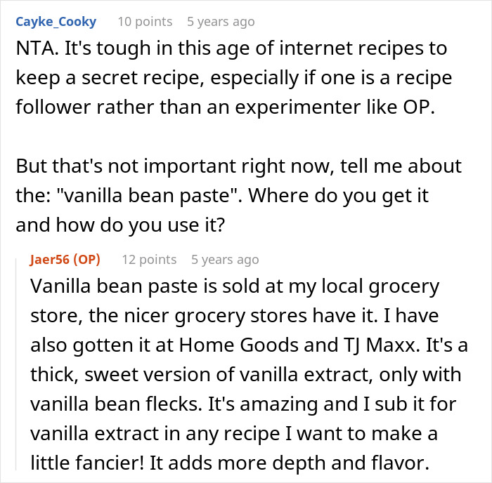 Reddit thread discussing perfecting secret cookie recipe with vanilla bean paste bought from specialty stores.