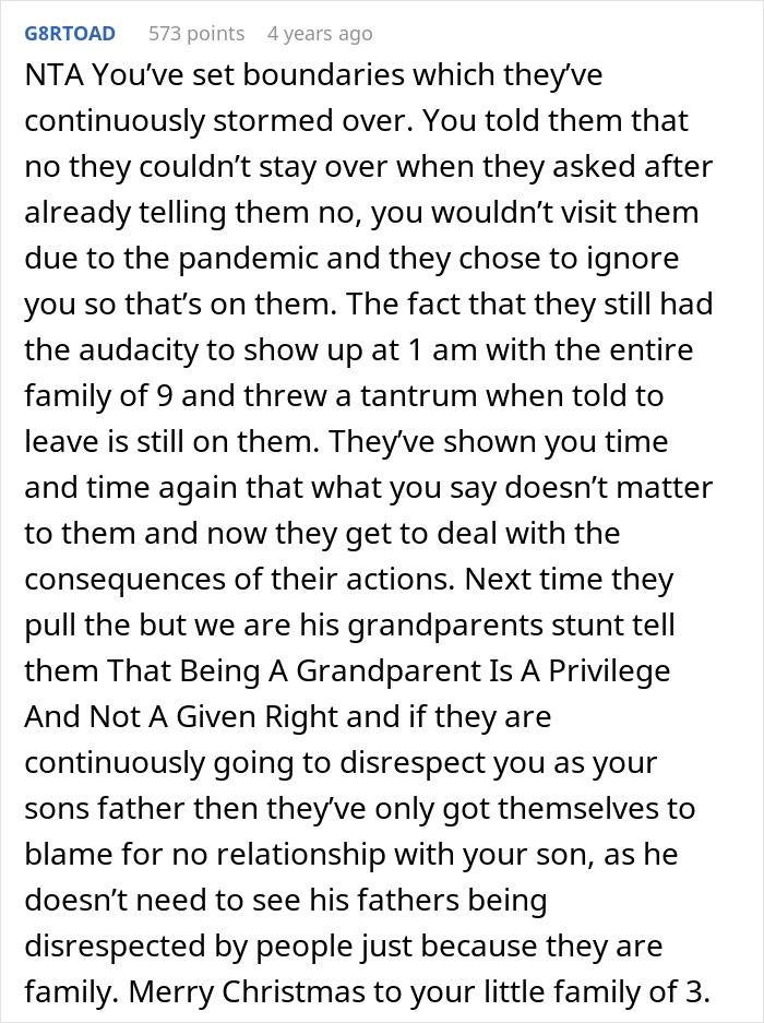 Comment discussing family trying to surprise man on Christmas by arriving at 1 a.m. and being kicked out instead. Comment discussing family trying to surprise man on Christmas by arriving at 1 a.m. and being kicked out instead.