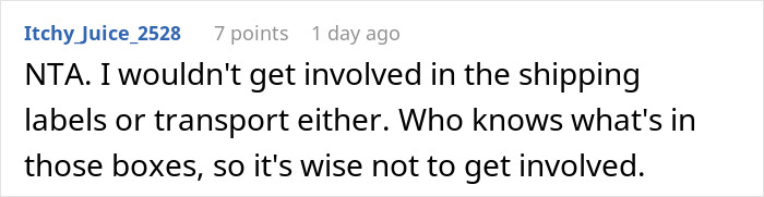 Comment discussing not getting involved in shipping labels or transport of packages sent to the wrong address by company.
