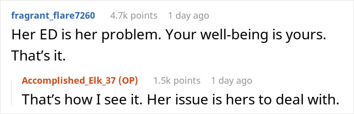 Screenshot of an online discussion about a lady wanting her health nut roommate to eat fast food, linking strict diet to ED. Screenshot of an online discussion about a lady wanting her health nut roommate to eat fast food, linking strict diet to ED.
