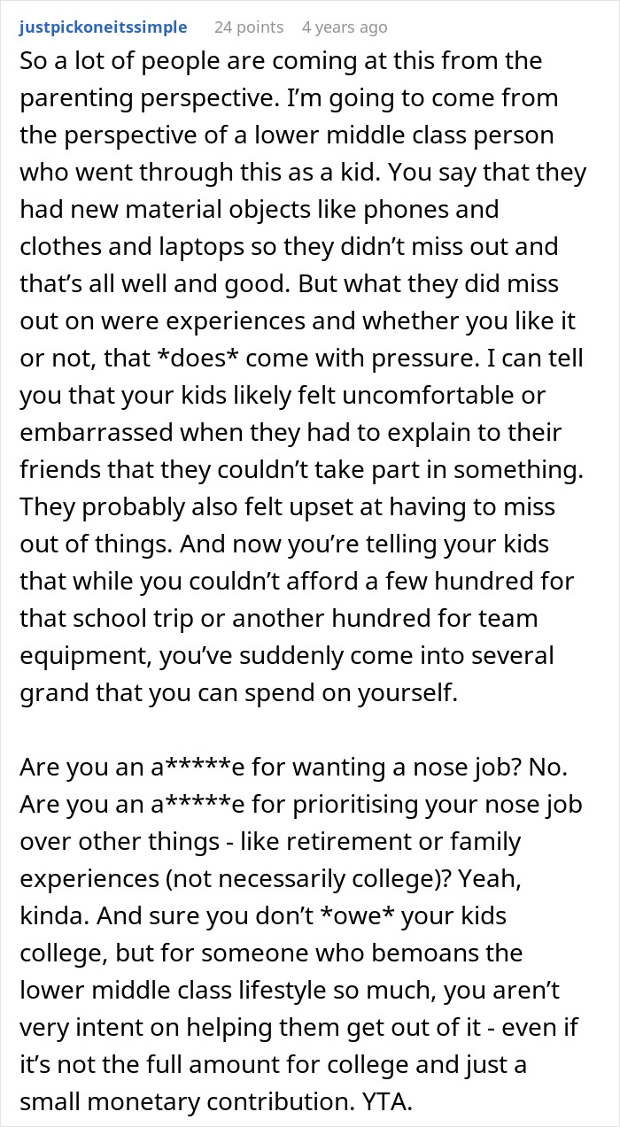 Commenter discussing choosing a nose job over kids college funds from a lower middle class parenting perspective.