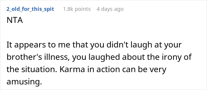 Comment on forum discussing brother mocking sister over weight, with karma and diabetes irony mentioned.