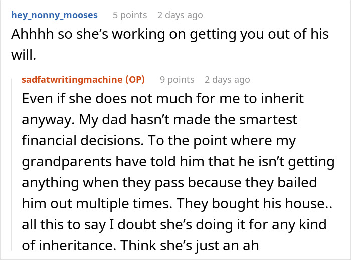 Screenshot of a Reddit conversation discussing family tensions and inheritance issues after comments about stepdaughter’s sexuality. Screenshot of a Reddit conversation discussing family tensions and inheritance issues after comments about stepdaughter’s sexuality.