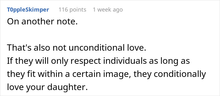 Screenshot of a Reddit comment discussing conditional love and respect related to daughter’s paganism and in-laws’ behavior.