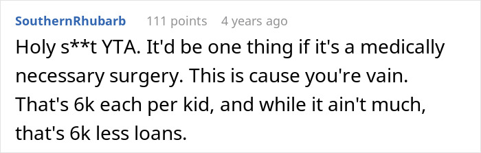 Online comment criticizing choosing a nose job over kids college funds, highlighting the cost and vanity concerns. Online comment criticizing choosing a nose job over kids college funds, highlighting the cost and vanity concerns.