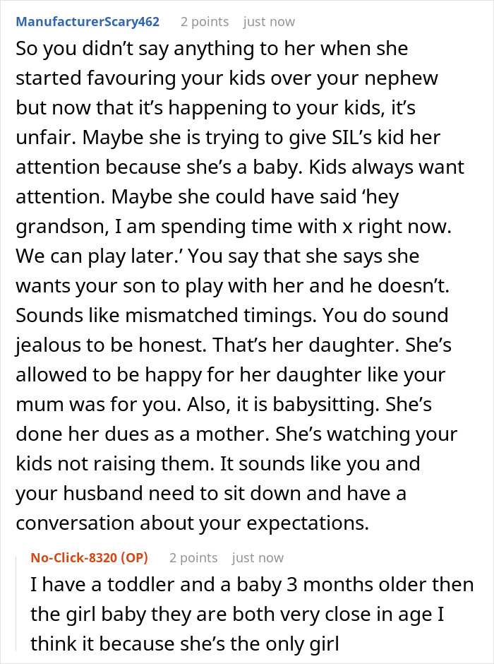 Comment discussing MIL admitting to having a favorite grandchild and treating others like burdens, causing family tension. Comment discussing MIL admitting to having a favorite grandchild and treating others like burdens, causing family tension.